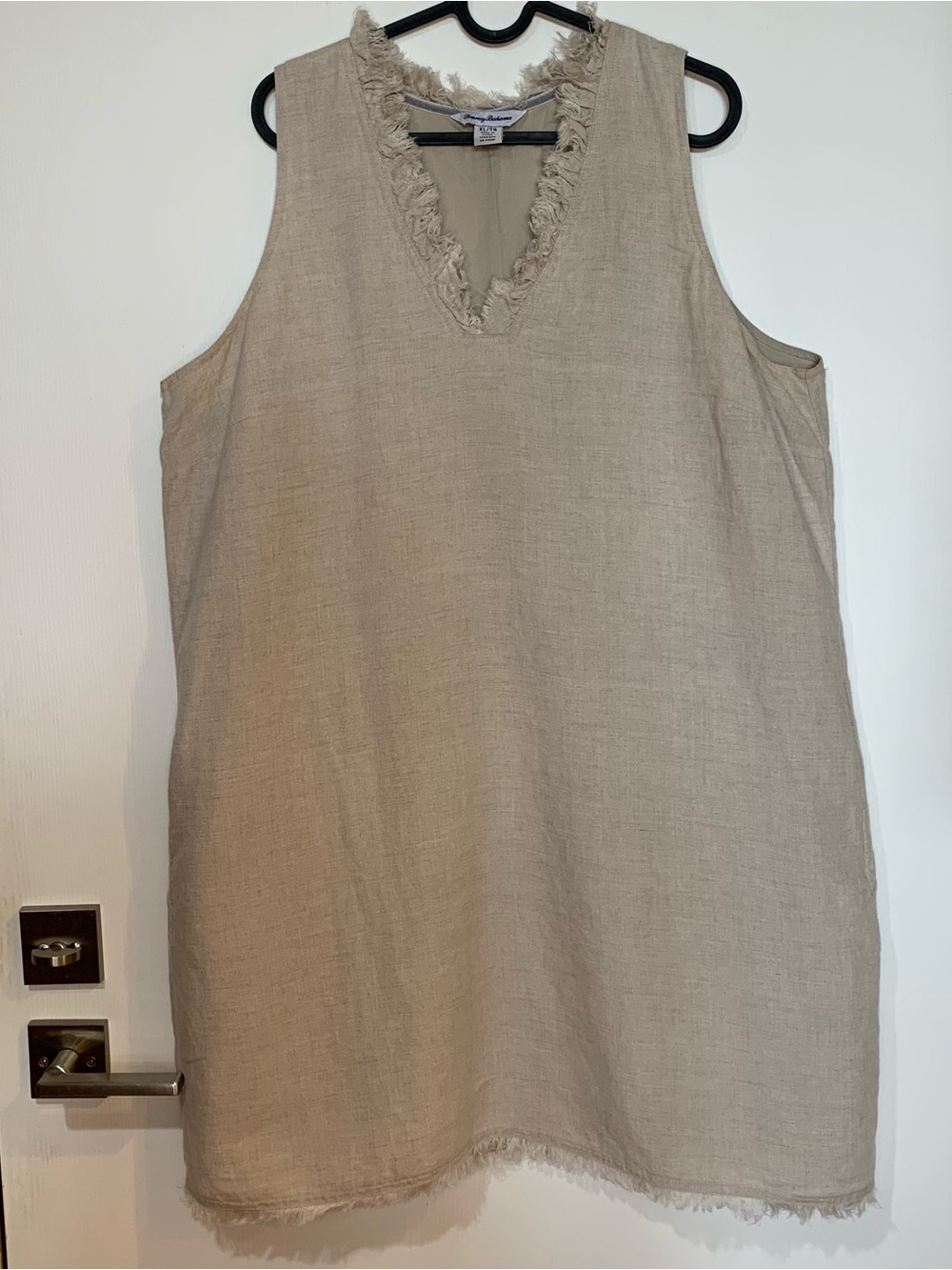 Tommy Bahama XL LINEN Two Palms Beige Lined Sleeveless Shift Dress w Pockets